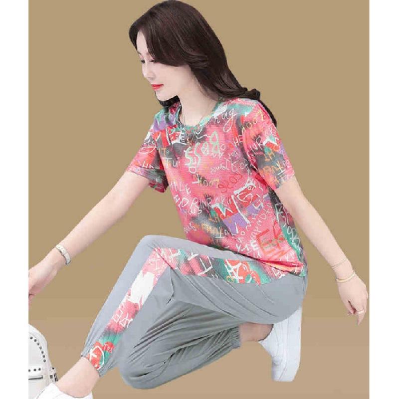 Спортивный костюм из имитации ледяного шелка для женщин, летняя одежда для мамы, омолаживающий повседневный спортивный стиль, облегающий комплект из двух предметов M