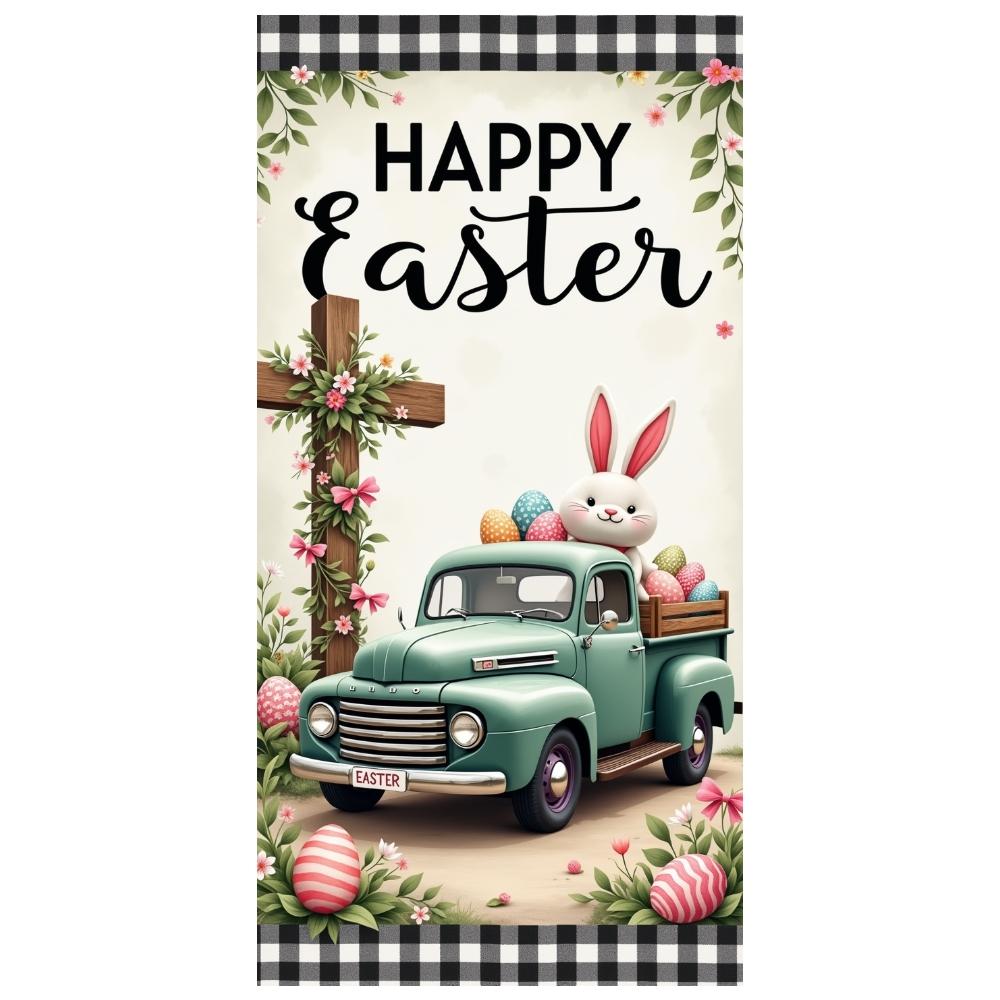 Easter Egg Display Vintage Truck Religious Easter Backdrop Spring Easter Background Plaid Border For Family Gathering Church