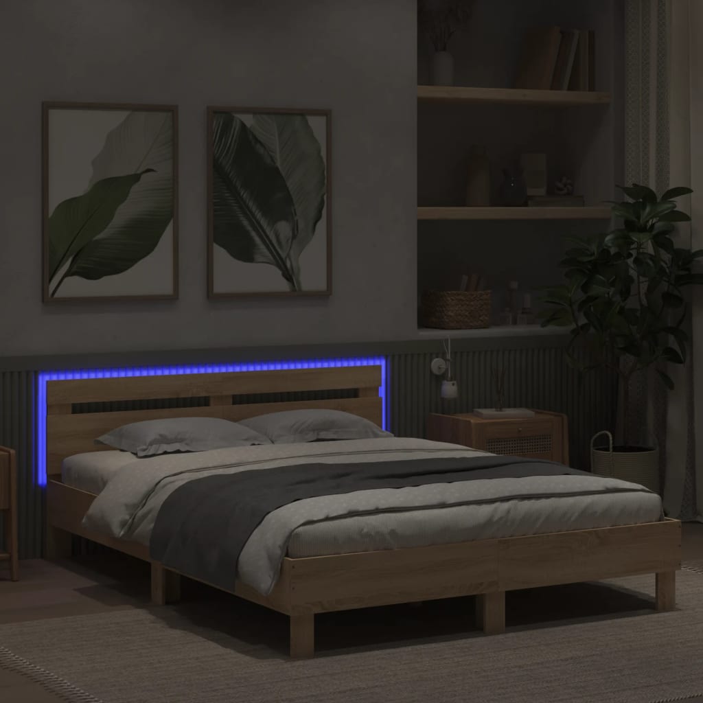 Vidaxl Rama Łóżka Z Wezgłowiem I Led, Dąb Sonoma, 150X200 Cm