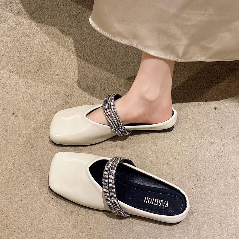 Square Toe Flat Sandals Rhinestone Woman Slippers High Quality Easy Wears Slides 2025 Luxury New Style Vip Mules Shoes for Women