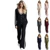 Damen gestreiftes Langarm Deep V-Ausschnitt Lockerer Sitz Zweiteiliges Sportset mit Weitbeinigen Hosen