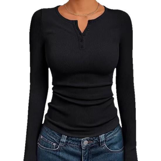 Damska prążkowana koszulka Henley z długim rękawem, dopasowana, na jesień