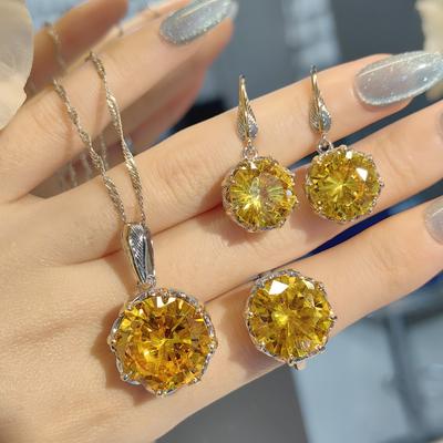 Italienisches Vintage Vergoldetes Faux Citrin Schmuckset Damen Halskette Ohrringe Ring Blauer Aqua Edelstein Anhänger