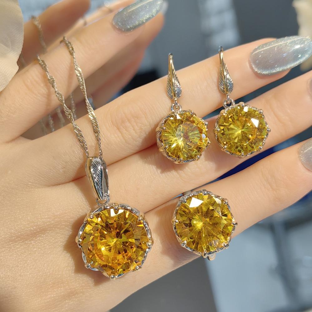 

Italian Vintage Gold Plated Faux Citrine Jewelry Set Women Necklace Earrings Ring Blue Aqua Gemstone Pendant