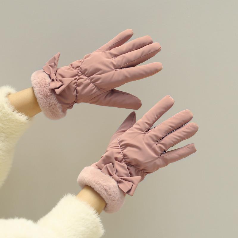 Student female winter cycling bow thickened cold-proof cute winter gloves velvet warm