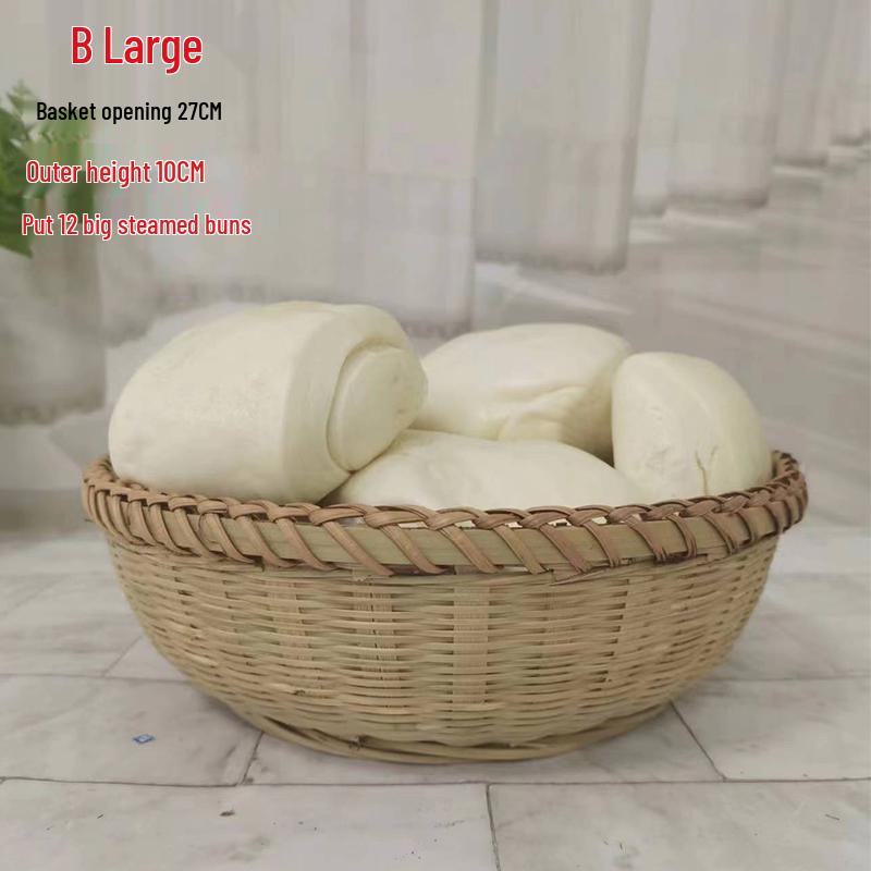 Large Bamboo Rattan High-Foot Steamed Bun & Snack Basket - Finely Woven, Multi-Purpose Household Kitchen Fruit & Vegetable Wash Basket, Round Design