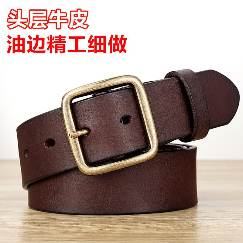Belt Men'S Genuine Leather Ancient Copper Buckle Retro Knock Bag Head Layer Real Cowhide Belt Japanese Buckle Handmade Smooth Edge Vegetable Tanned