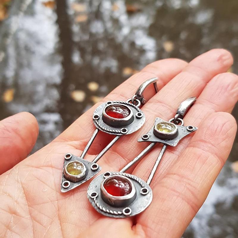 Stylish Antique Geometric Asymmetry Inlaid Long Earrings, Unique Vintage Jewelry
