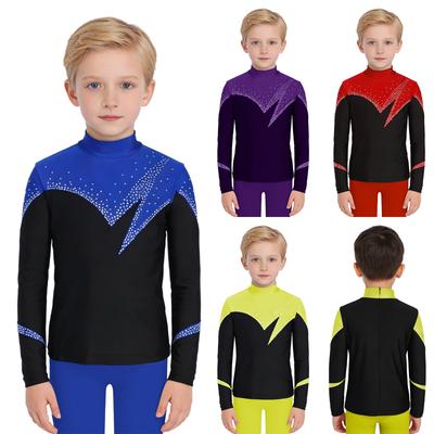Traje de patinaje artístico para niño, cuello alto, manga larga, cremallera invisible en la espalda, bloques de color, top con brillantes pedrería.
