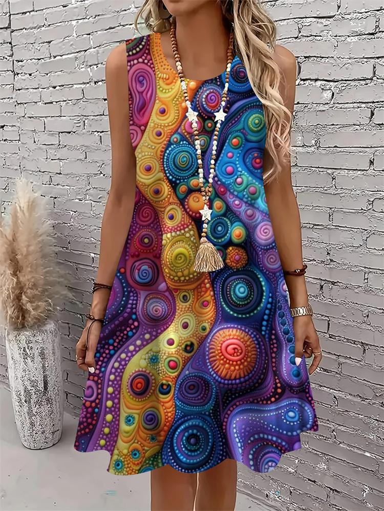 Casual Women Tank Dress Summer Sleeveless O-Neck 3D Print Loose A-Line Dress Beach Vest Dress