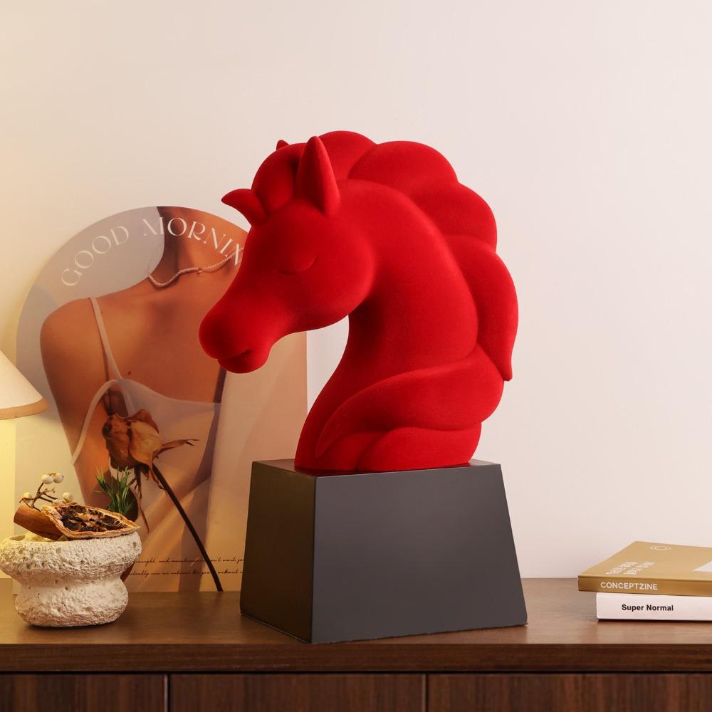 Velvet Red Horse Head Ornament, Luxury Office Desk Decoration - Unique Artistic Year of the Horse Mascot for Home & Office