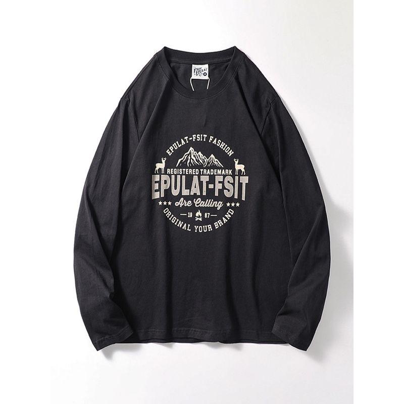Trendy Retro Print Cotton Brushed Long Sleeve T-shirt