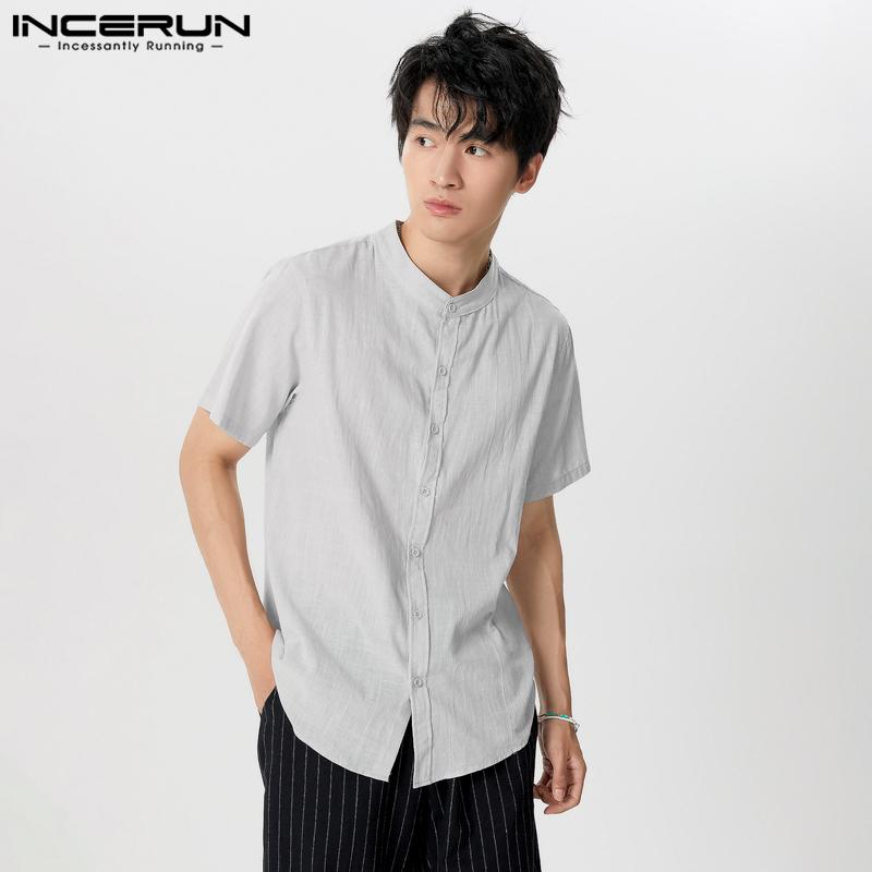 INCERUN Men Short Sleeve Bittons Shirts Summer Casual T-shirts