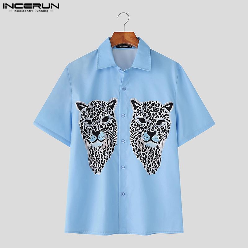 INCERUN Oversized Men Lapel Neck Button Down Print Casual Shirts