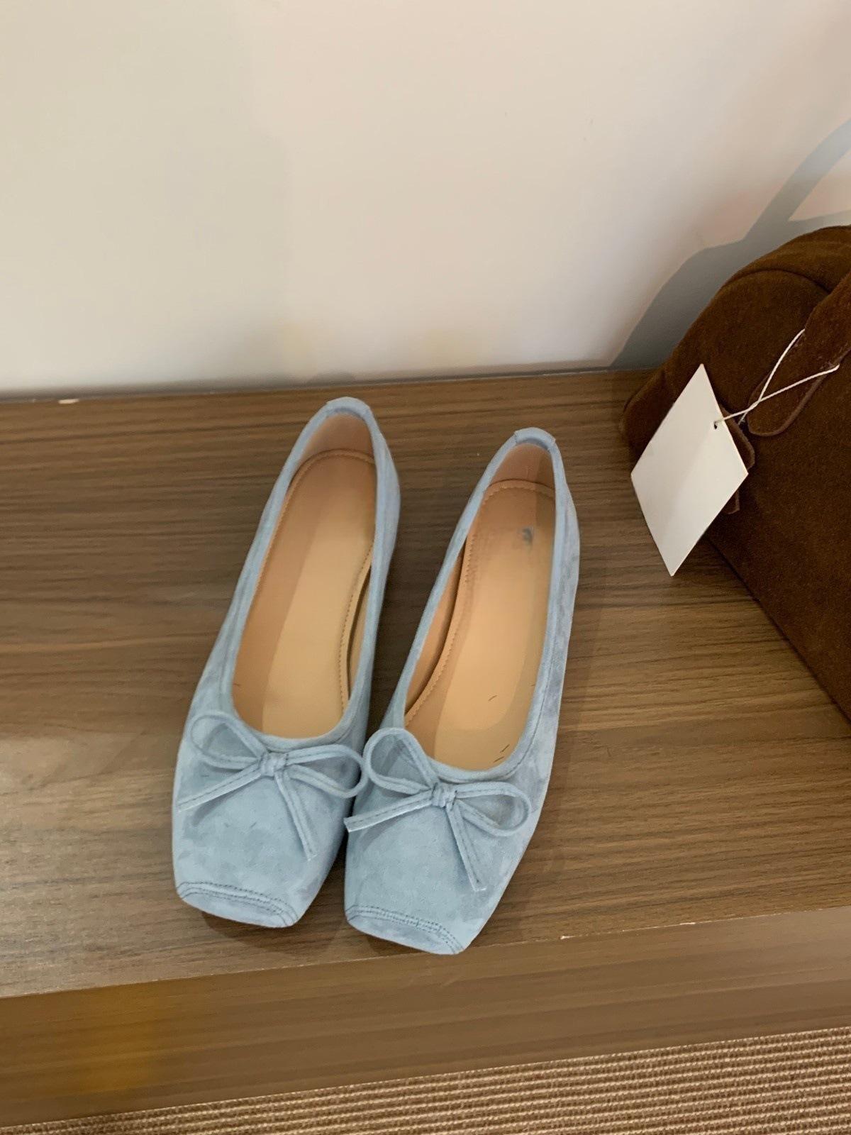 

Flat bottom square head suede red single shoes women s shoes new spring and summer bow ballet shoes 35 синий