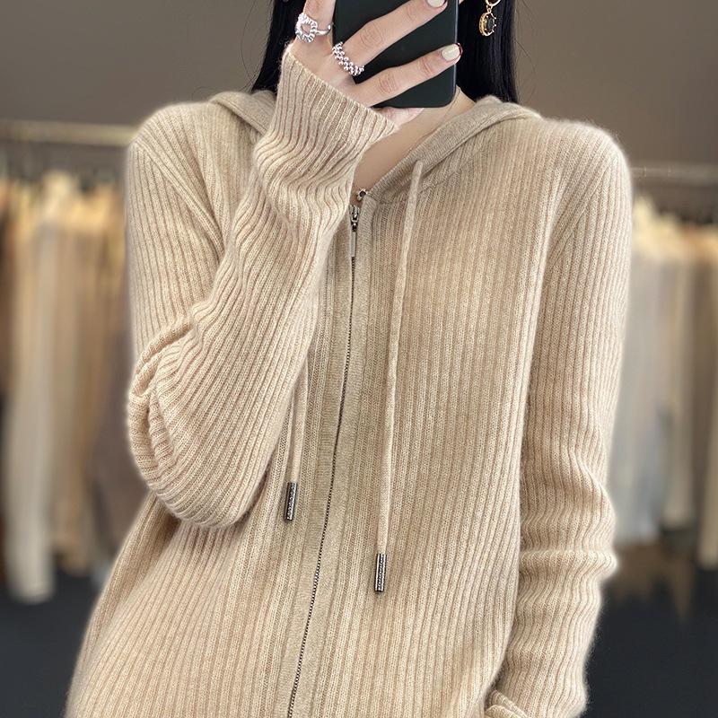 Women's Loose Fit Hooded Cashmere Cardigan Sweater - 100% Wool, Zipper Outerwear for Spring
