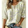 Women's Neutral Tone Paisley Tie Neck Blouse Ruffle 3/4 Sleeve Relaxed Fit Office Commuter Work Shirt