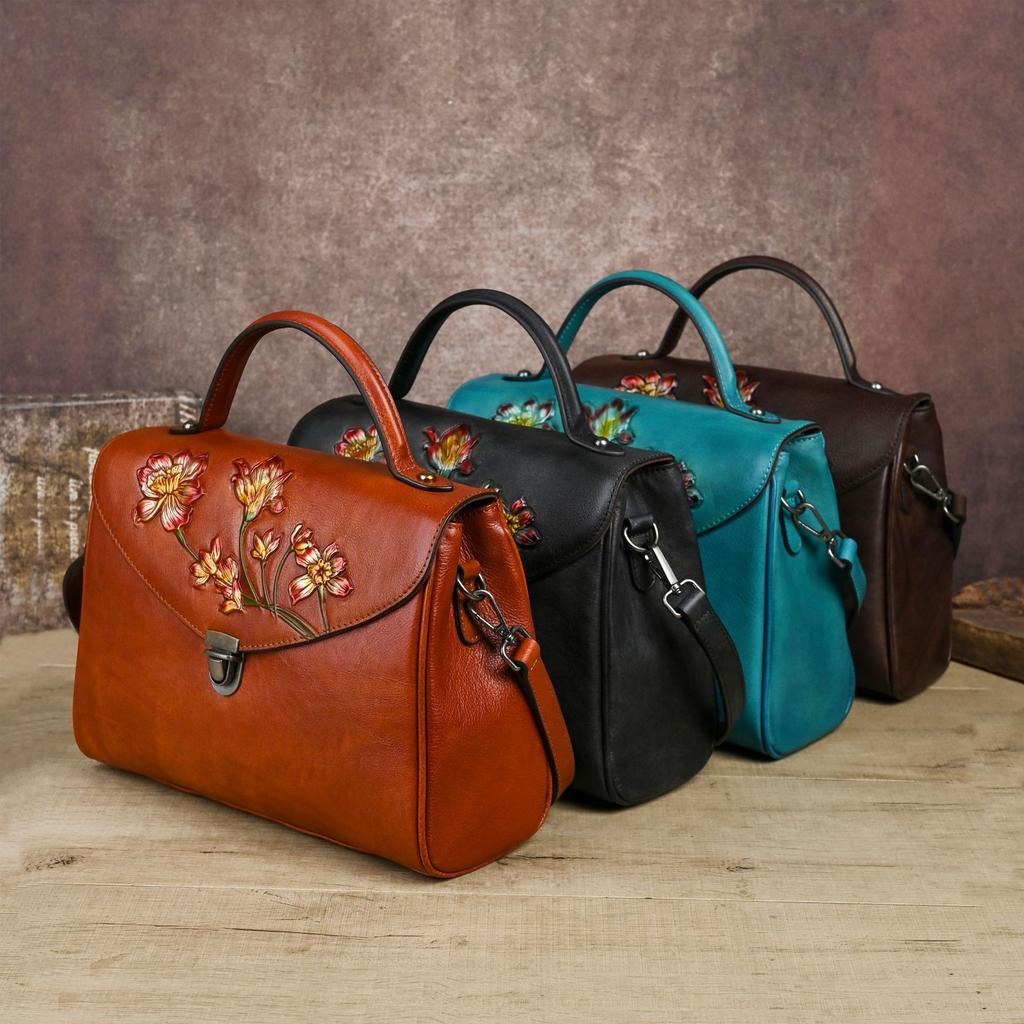Johnature Chinese Style Genuine Leather Retro Embossed Women's Handbag With Large Capacity Shoulder Crossbody Bag