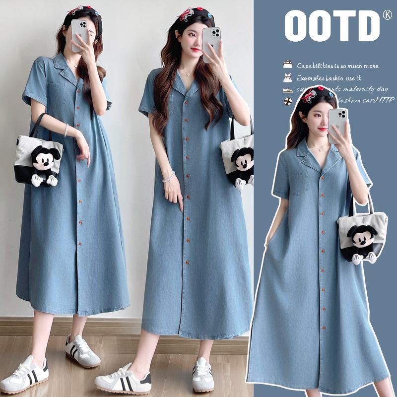 2026 Summer Korean Style Short Sleeve Denim Maternity Dress M