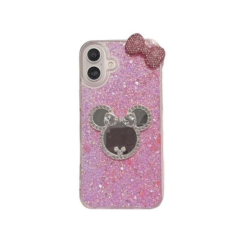 Flash Diamond Mickey Mouse Makeup Mirror 15Promax For Iphone17 Sequins Phone Case 16Pro Bow