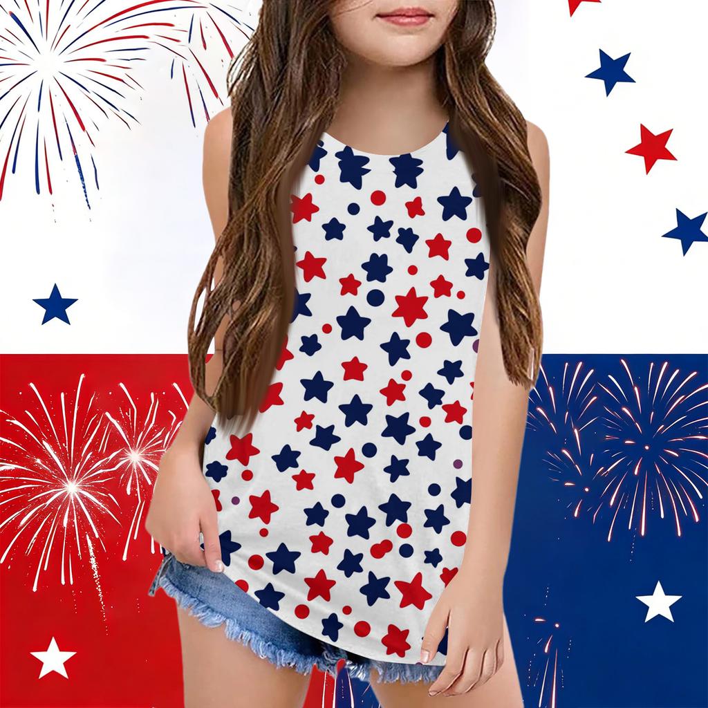 Girls  Kids Summer Crewneck Sleeveless Shirts Tank Tops Independence Day
