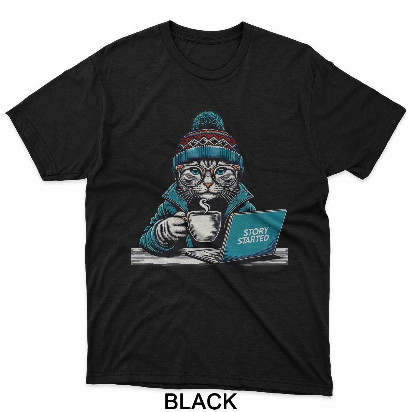 Story Started Cat with Laptop T-Shirt L