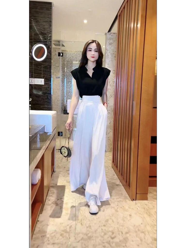 2026 Summer Elegant Stand Collar Cap Sleeve Top & Wide Leg Pants Set
