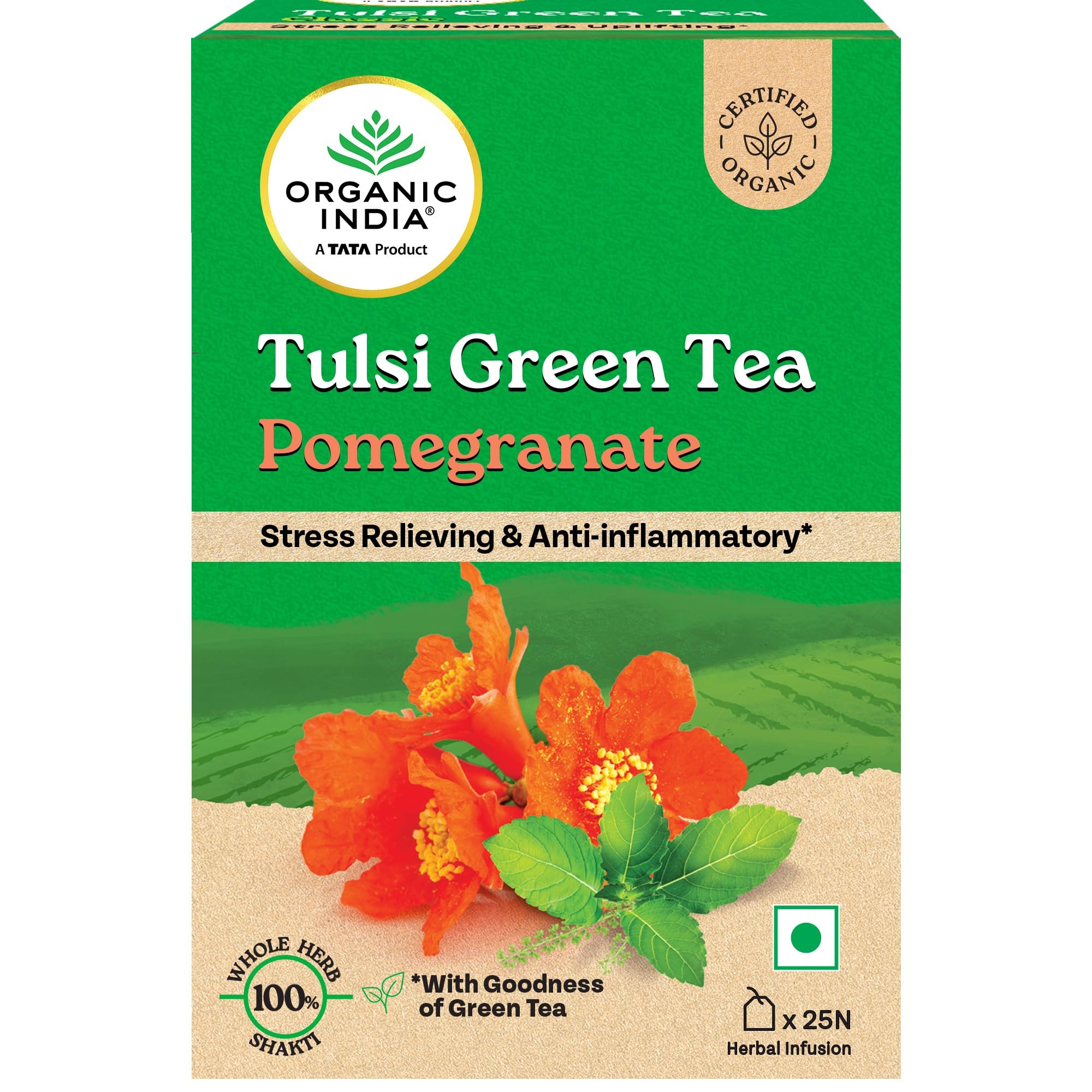 A TATA Product - Organic India Tulsi Green Tea Pomegranate - 25 Tea Bags, Certified Organic, Stress Relief, Rich in Antioxidant, Tulsi & Po