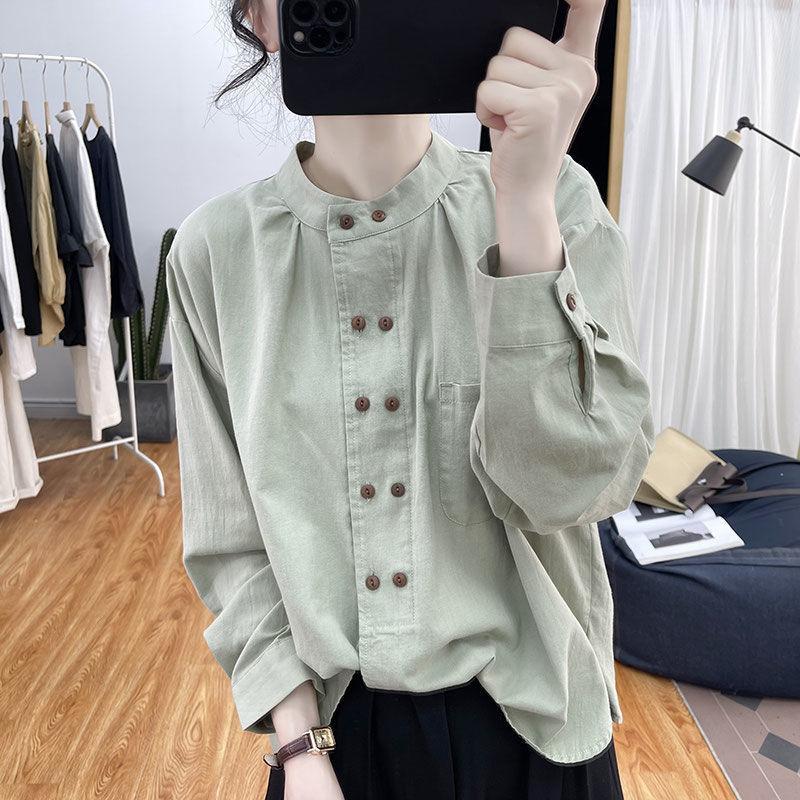 Cotton Shirt for Women Double Breasted Small Stand Collar Long Sleeved Shirt Commuting Top Shirt for Women