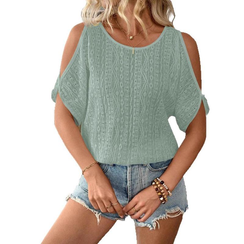 Ladies Summer Hollow Batwing Sleeve Solid Color Pullover Lace T Shirt Top