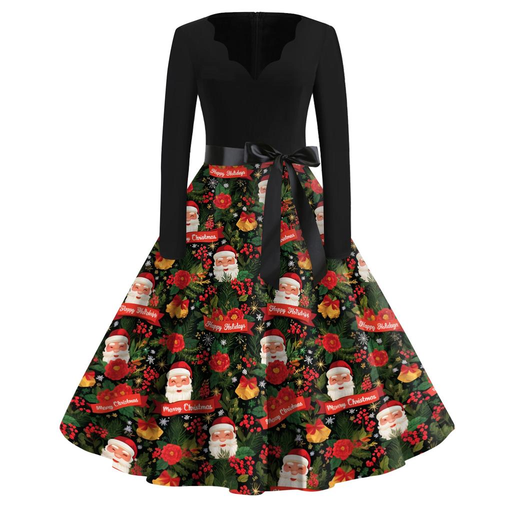 Women's Casual Christmas Print V-Neck Vintage Dress for Holiday Parties and Everyday Wear