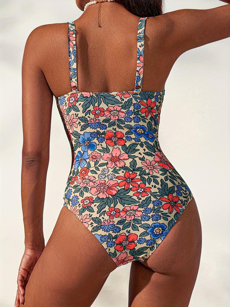 Sexy Floral Print Strap Slim Waist Backless Bikini Swimsuit For Summer Beach