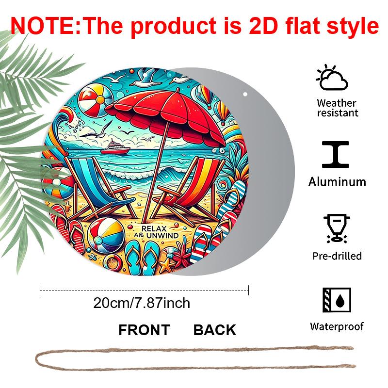 2D Flat, 1pc Round Aluminum Hanging Sign-"Relax And Unwind" Vibrant Beach Scene Metal Wall Art, Colorful Summer Umbrella & Lounge Chair Design