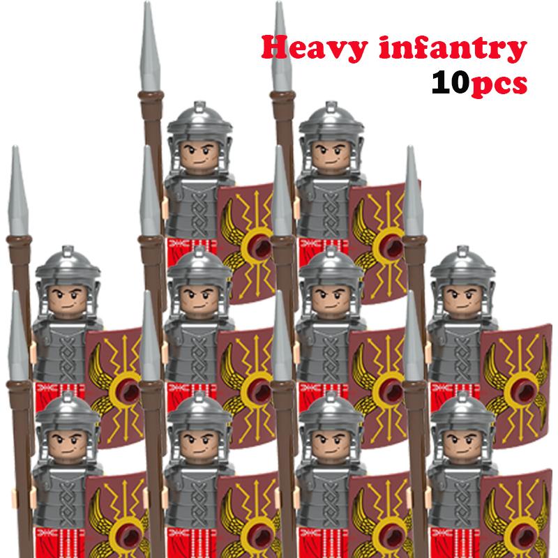 10 st MOC Medeltida Slott Riddare Rom Soldater Byggklossar Militär Forntida Egypten Mumiefigurer Krigare Vakt Vapen Kloss