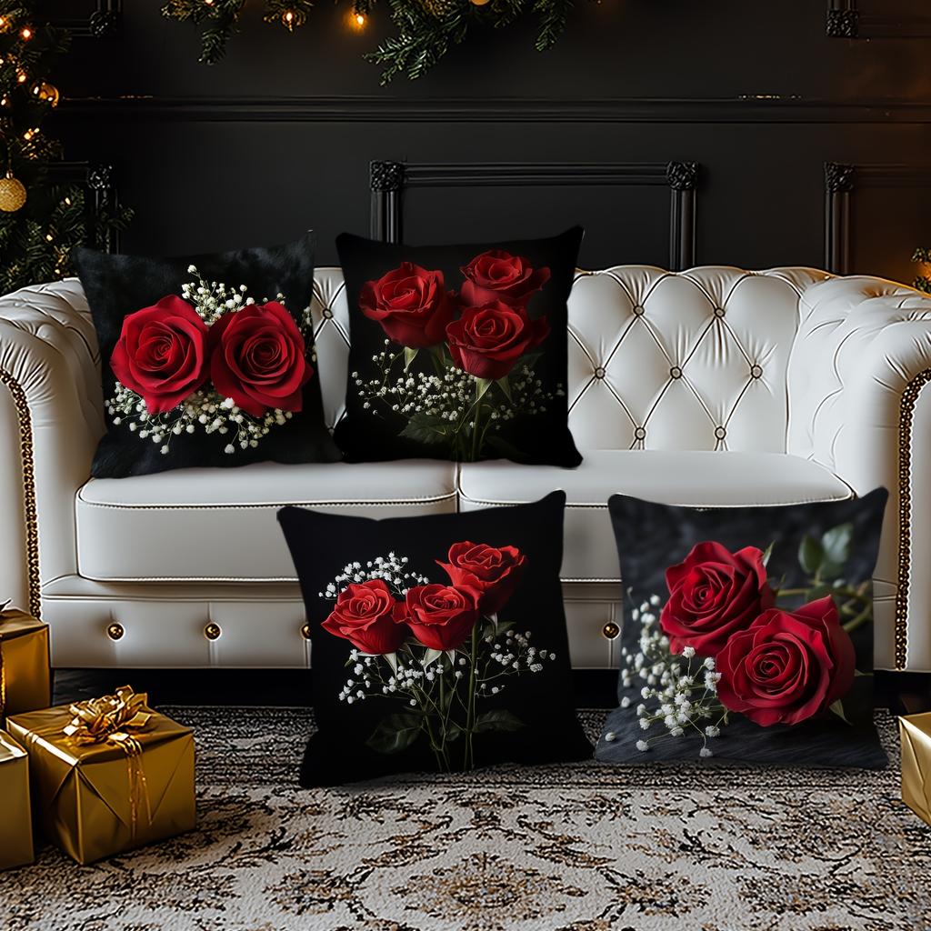 Black Pillowcase Red Roses For Living Room Bedroom Office Car Sofa Decor No Insert 18X18 Inch