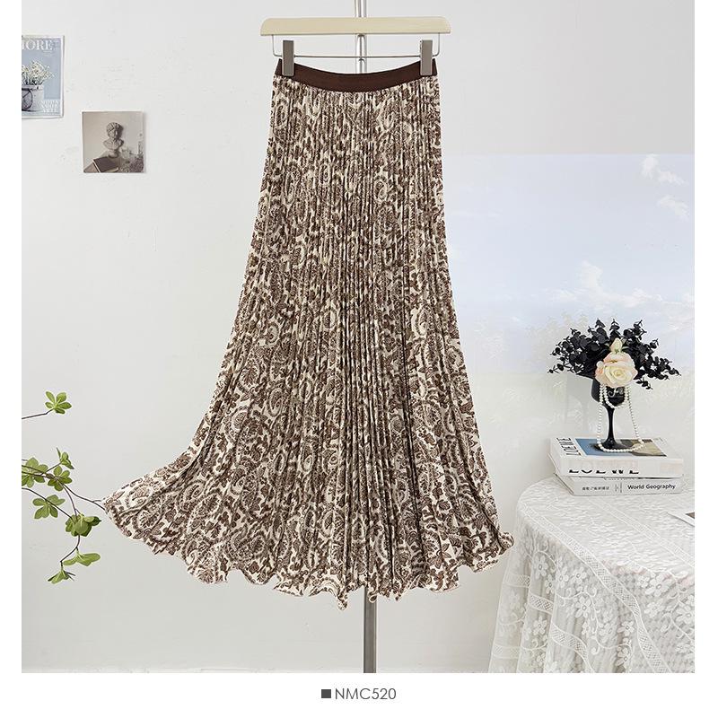 Japanese-Korean Chiffon Print Pleated High Waist Slimming Maxi Skirt