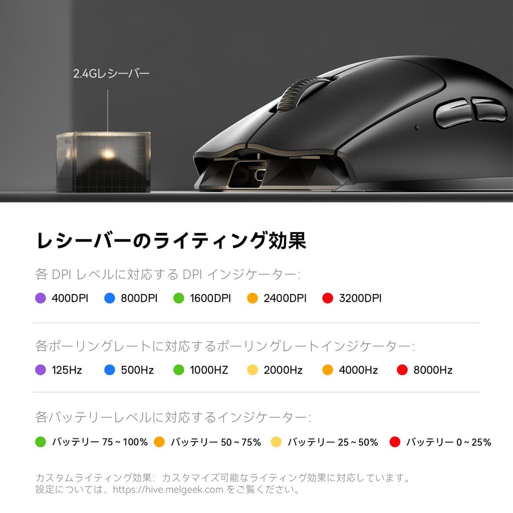 MelGeek Horus Lightweight Wireless Gaming 8K 30K DPI 215 Hours Battery with Lighted Suitable for Medium and Large Hands Black Mouse, 49g, Polling,