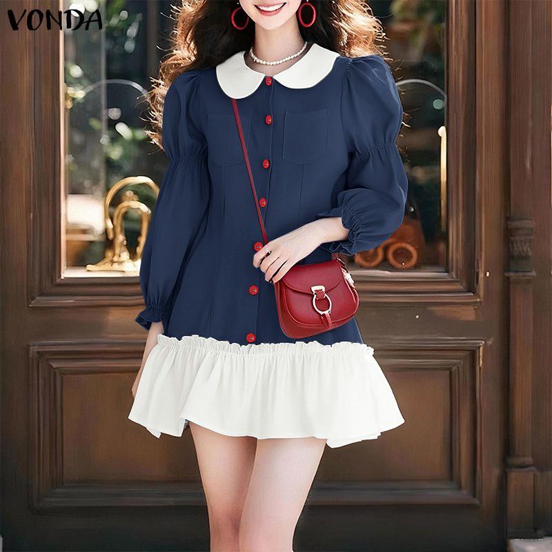 VONDA Elegant Women Lapel Neck Long Sleeve Patchwork Ruffled Shirts Dress
