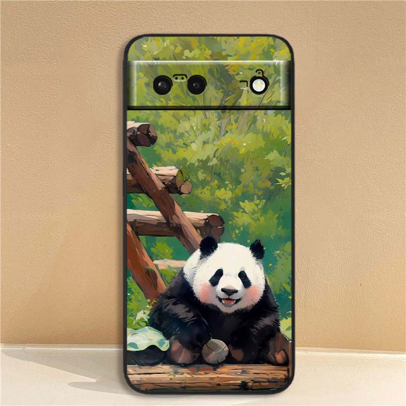 Cartoon Anime Panda Cute Phone Case For Google Pixel 10 9a 9 8A 8 7 7A 6 6A Pro XL 2024 5G Black Soft TPU Silicone