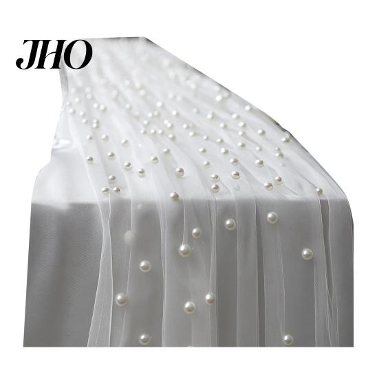 Table Runner for Home Faux Pearl Gauze Boho Sheer Tulle Fabric Party Decoration Wedding Bridal Shower Birthday Dining Decor Festive