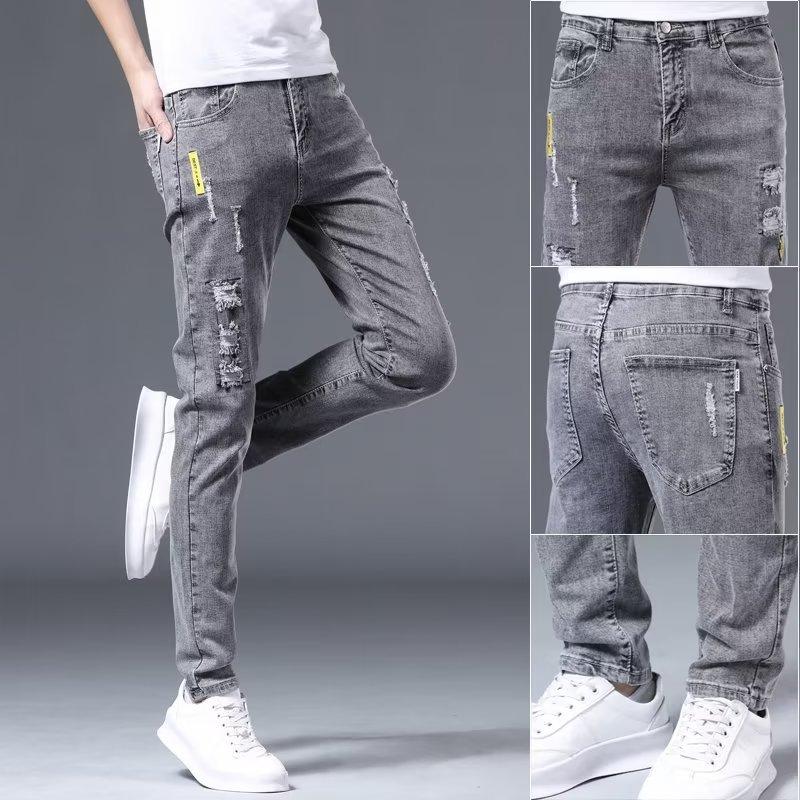 New men's retro trendy jeans spring and summer ripped slim-fitting small feet and thin casual trousers