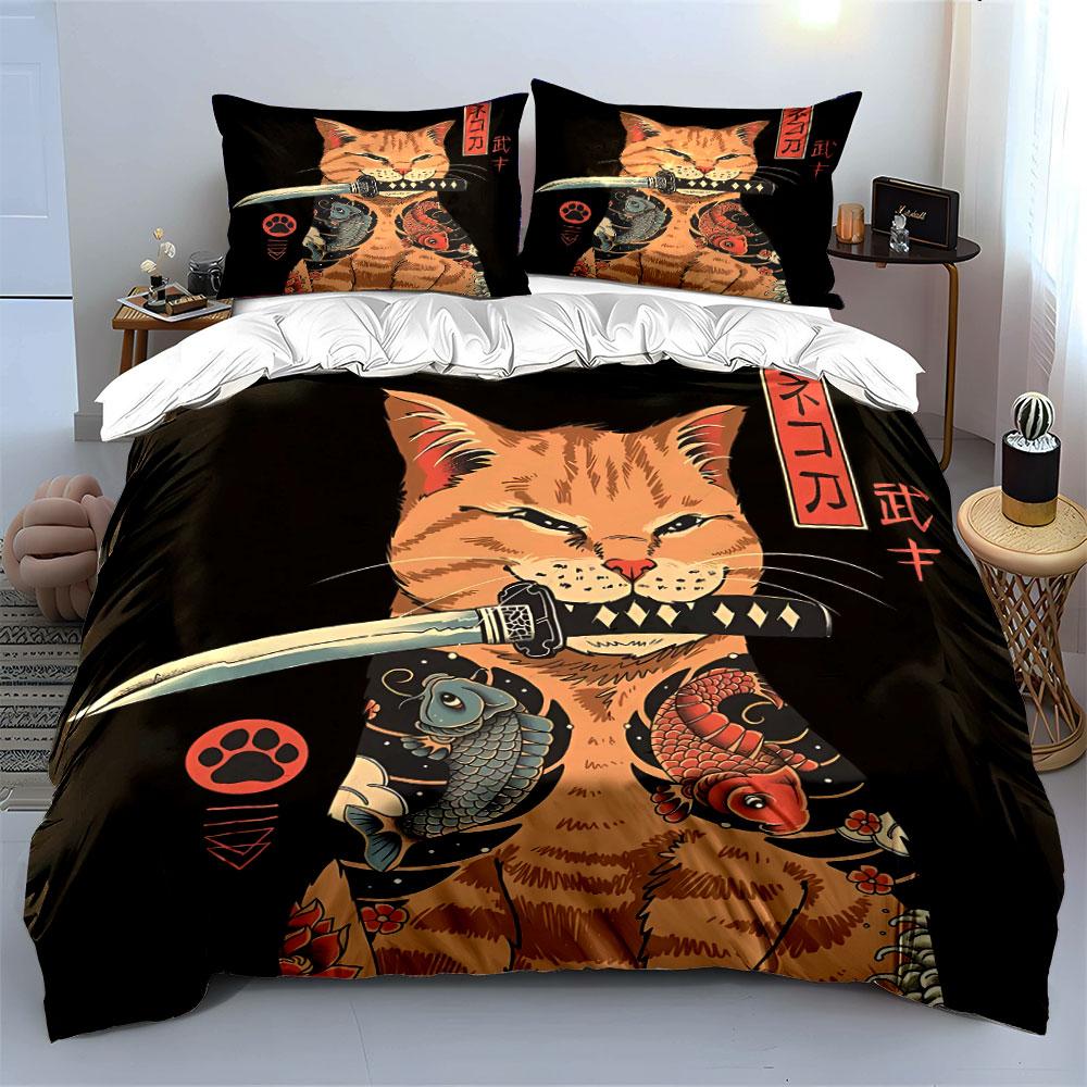 Samurai Cat Decor Set Bedding Set with 1 Duvet Cover 2 Pillowcases Single Double King Queen, Gift