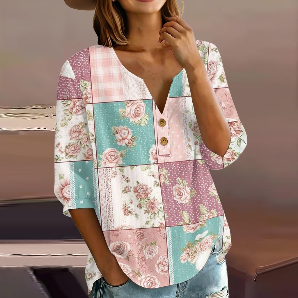 Women’s Cotton Linen Blouse with Patchwork Floral Print Henley Neck Button Front and Three Quarter Sleeves Casual Shirt