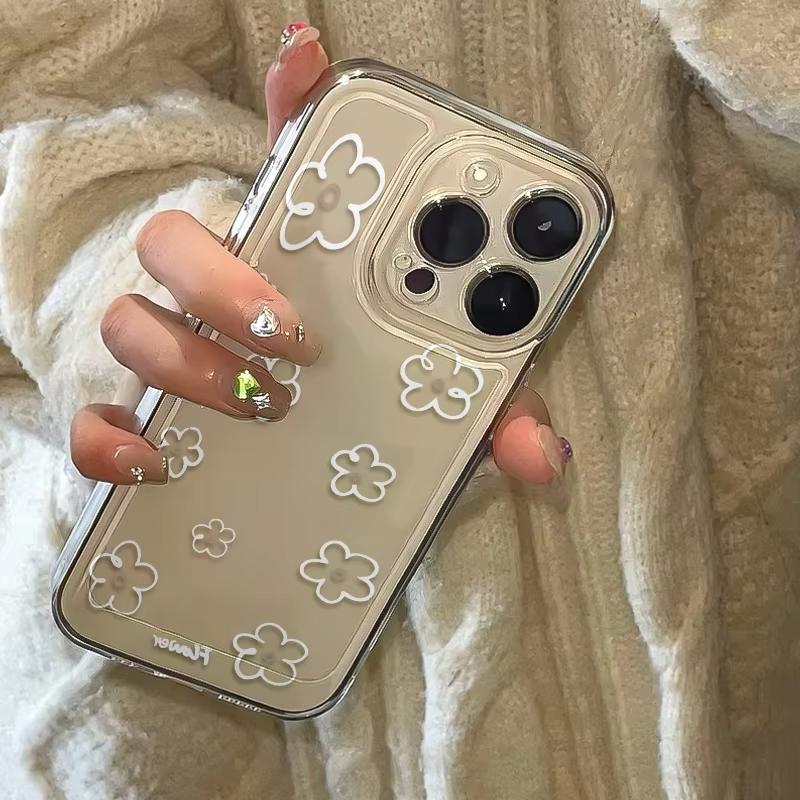Minimalist White Floral Print Phone Case for iPhone 17 16 15 14 13 12 11 16E Series Pro Max Plus Double Layer Protection