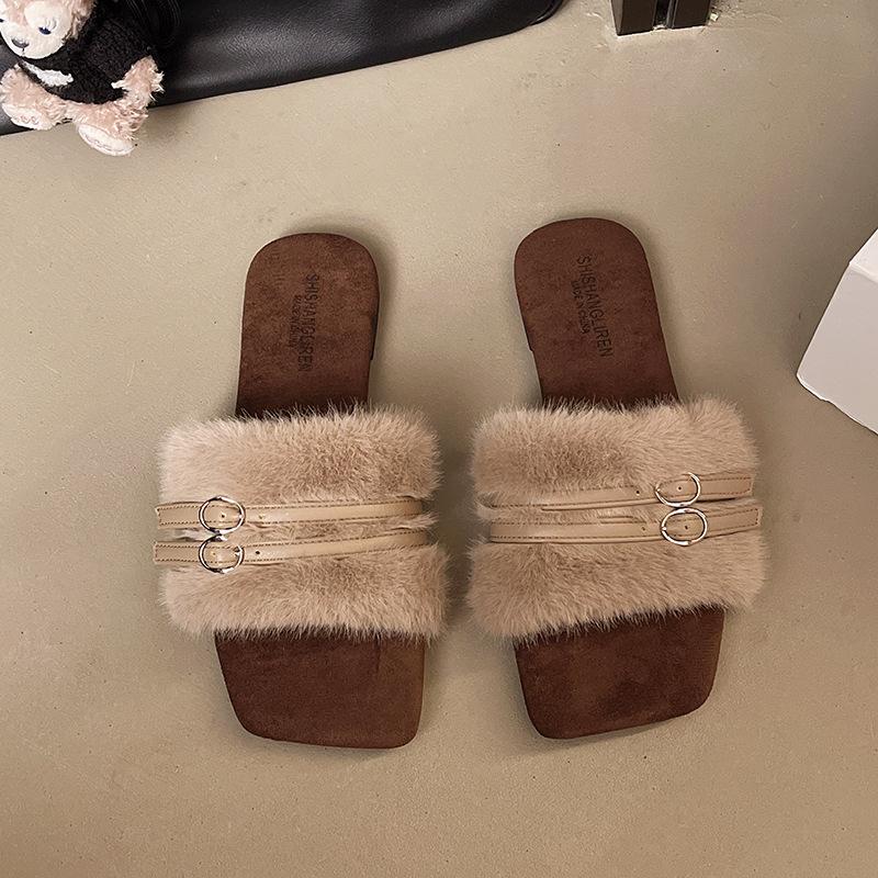 2025 Winter New One-word Drag Rubber and Casual Fashion Comfortable Wear-resistant Half Slippers Versatile Outer Wear Suede