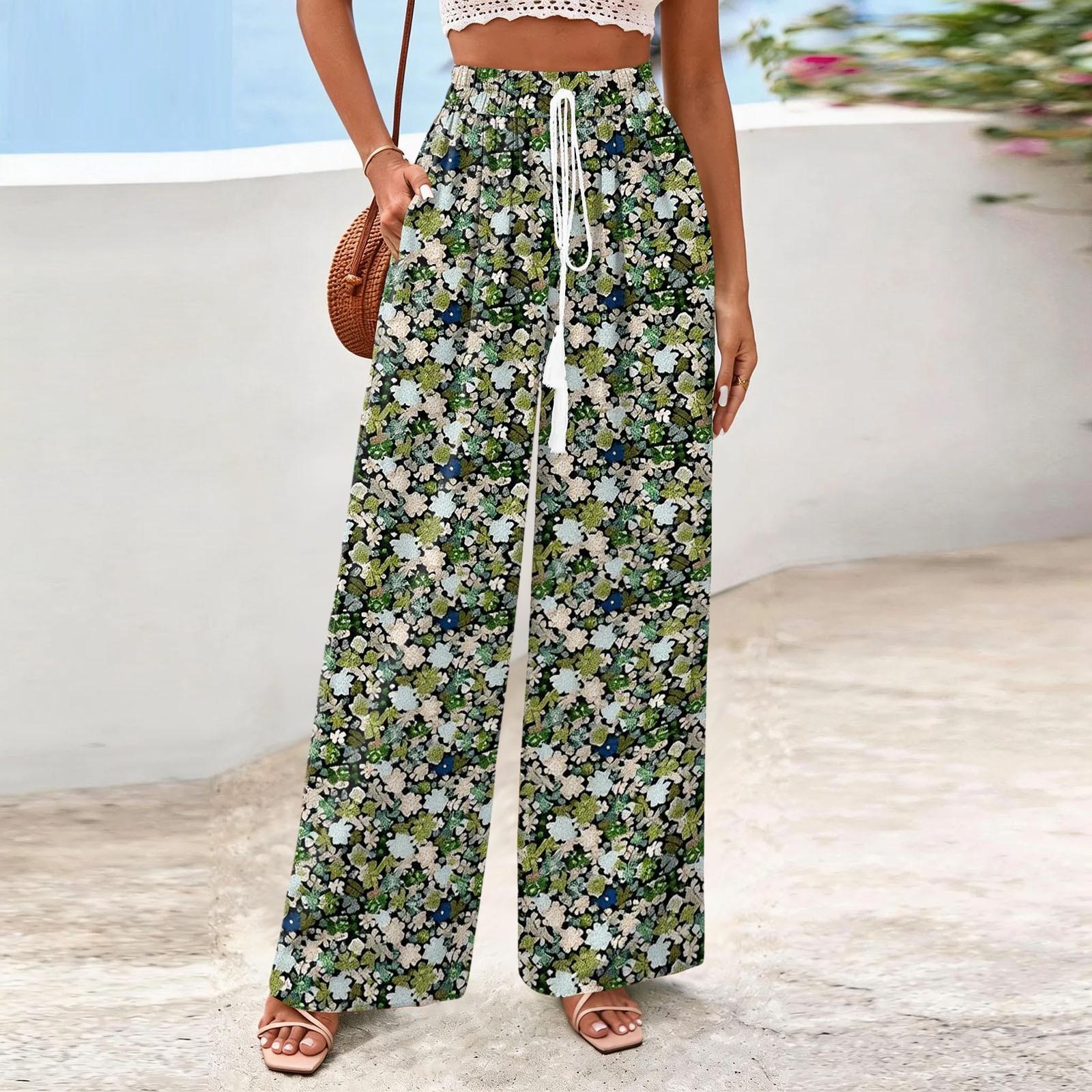 Женские широкие повседневные струящиеся брюки с цветочным принтом M