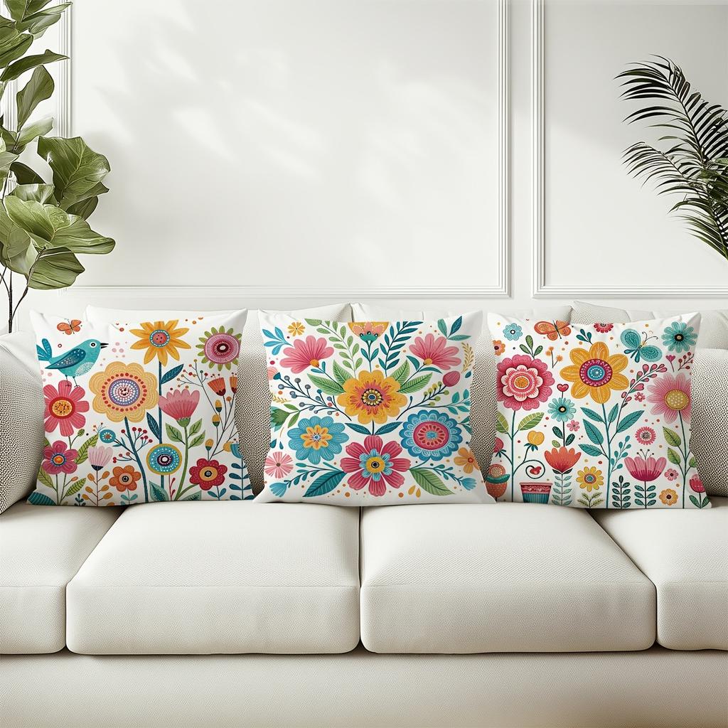 Colorful Floral - Bird Cheerful Pillow CoversLiving Room Sofa Cushion Cover, Soft and Comfortable, Bedroom Room Decoration