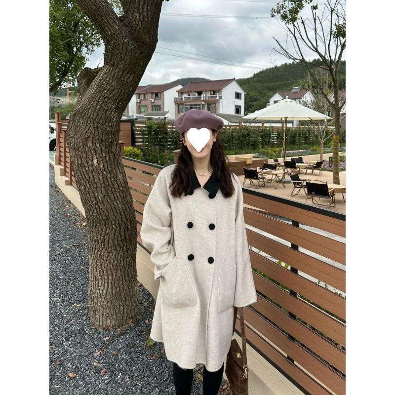 Oat Color Woolen Coat Women's Autumn and Winter New French Contrast Lapel Double-breasted Long-sleeved Woolen Coat