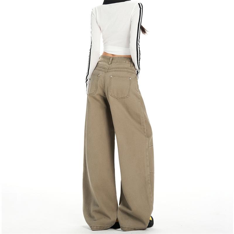 Khaki American sweet cool tooling style high waist wide leg jeans women loose drape lazy babes mopping pants cotton