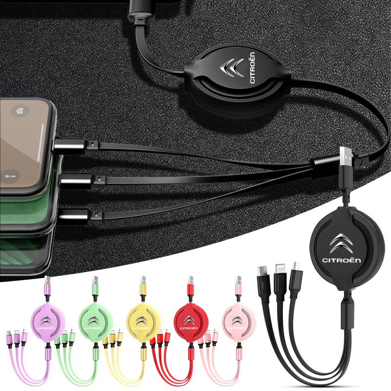 1Pcs 3 in 1 USB Car Charging Cable Retractable Charger Cable For Citroen C1 C2 C3 C4 C5 C6 C8 C4L DS3 DS4 DS5 DS6 Grand Picasso aog123